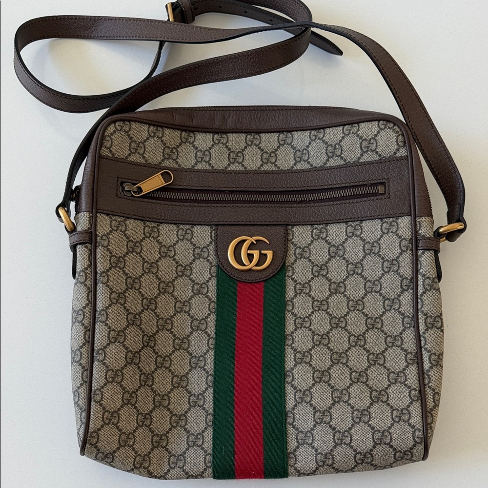 Gucci Brown GG Supreme Canvas Crossbody Bag with Red & Green Stripe